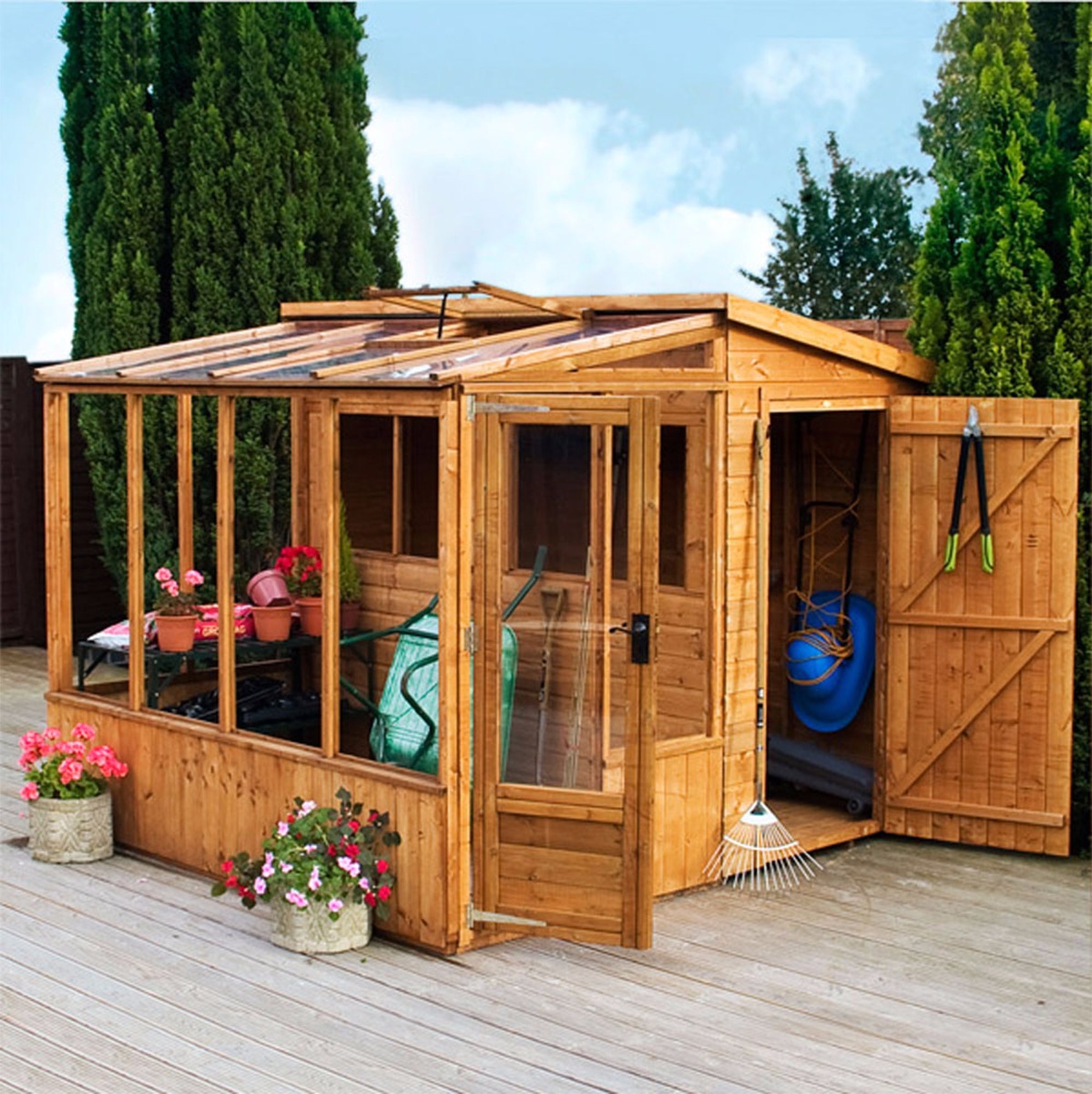Woodpottingshedgreenhousecombobywestmountliving Wooden Sheds