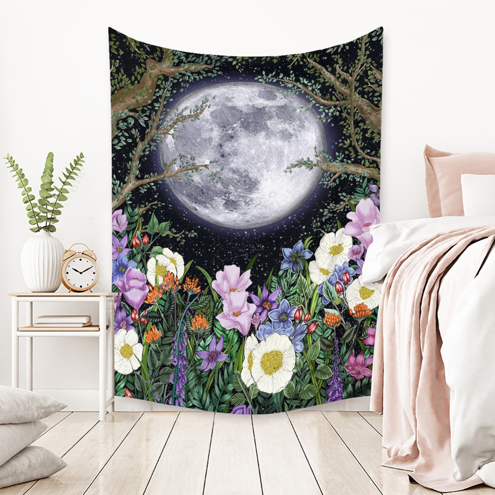Moonlit Garden Tapestry Moon Phase Tapestries Flower Vine
