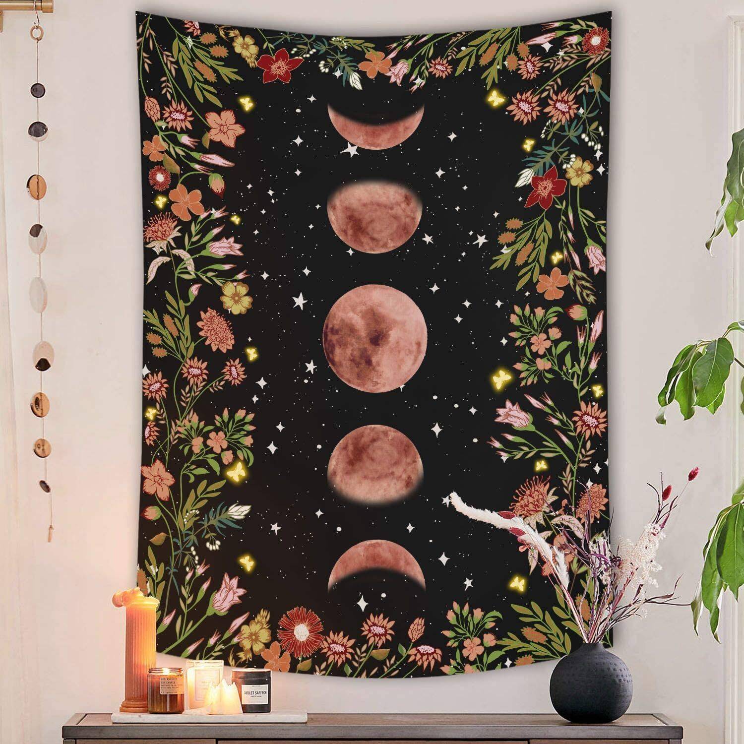 Moonlit Garden Tapestry Moon Flower Vine Colorful Luxury Wall Hanging