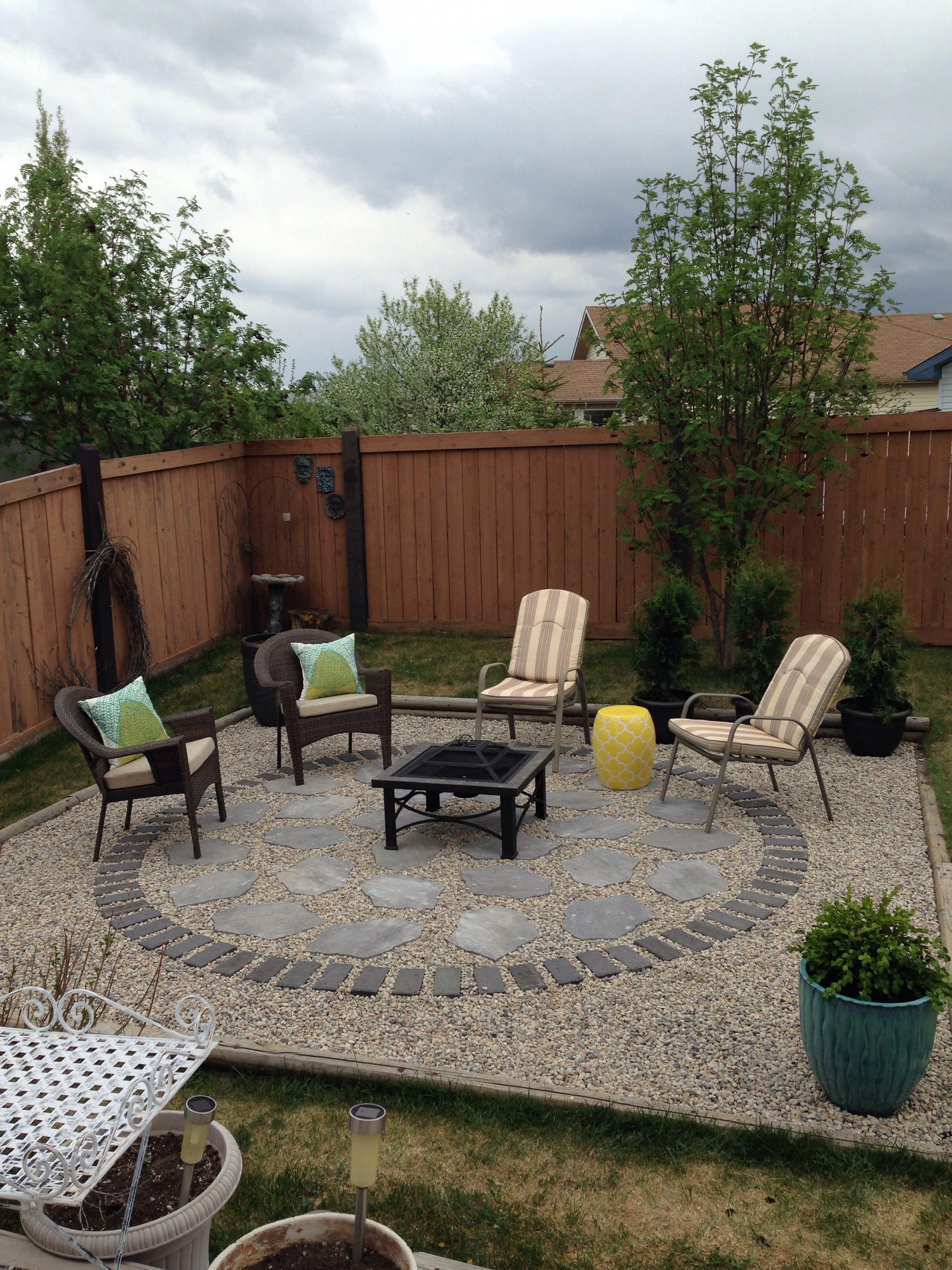 Stone Patio Backyard Pea Gravel Crushed Fire Pit Area Idea Raised Bed