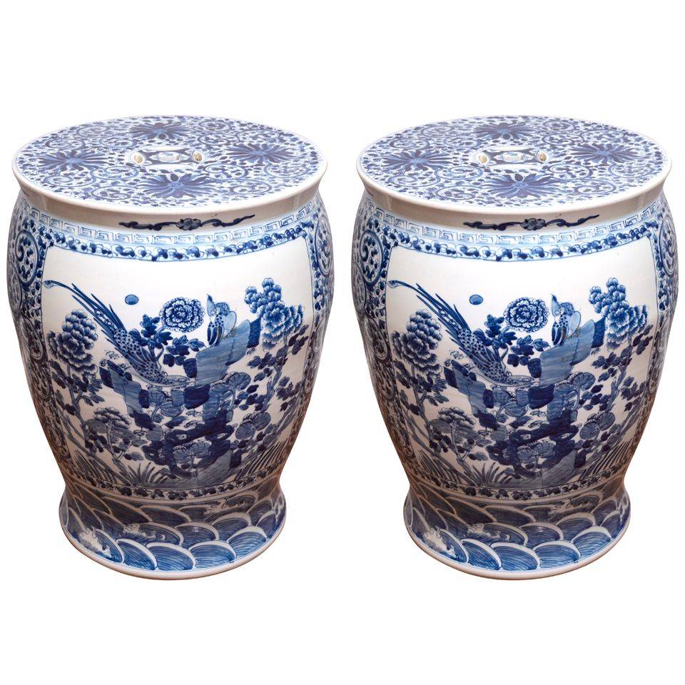 Bluewhiteplumchinesegardenstoolceramicendtableindooroutdoor