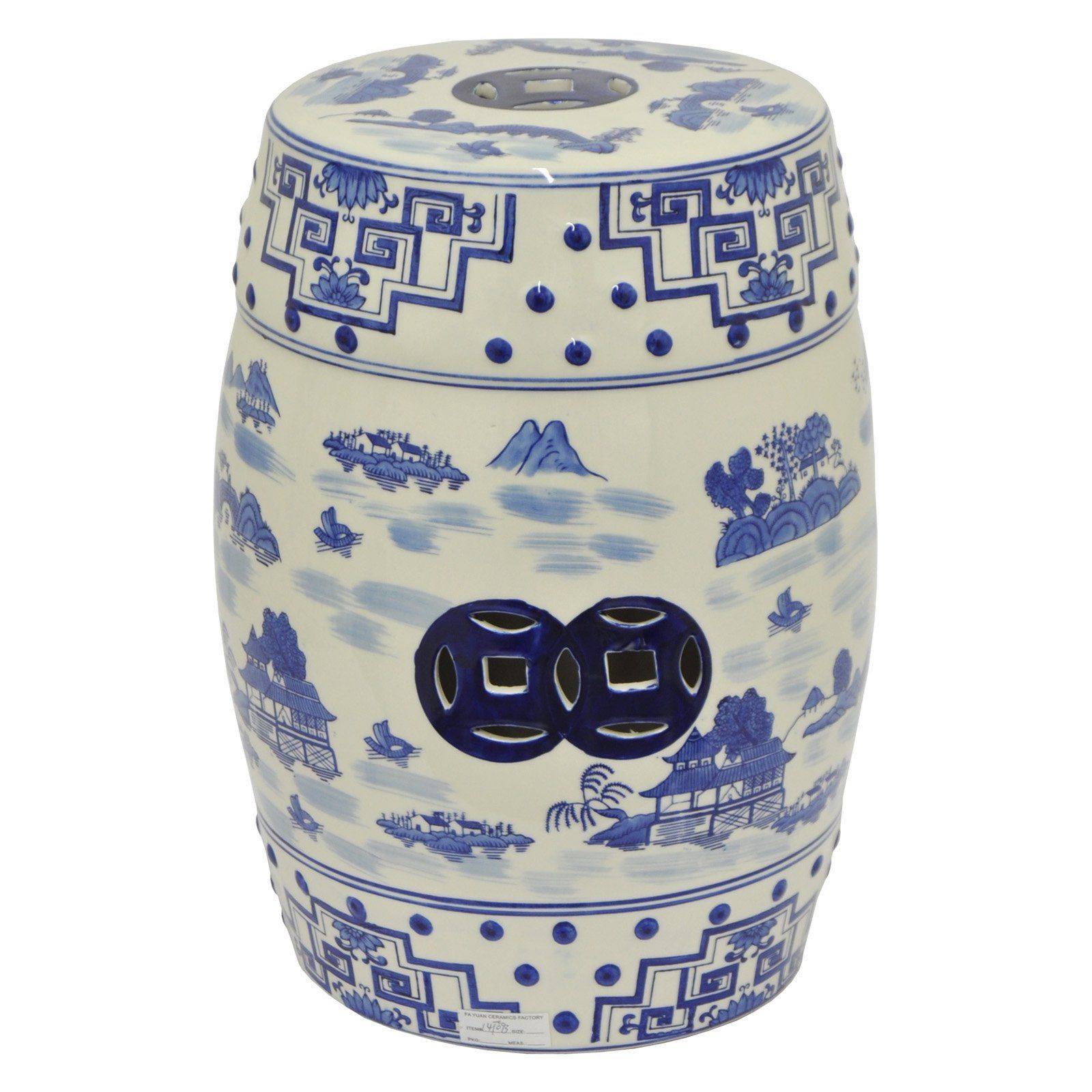Claybarn Usa Blue Garden White Lotus Ceramic Drum Stool