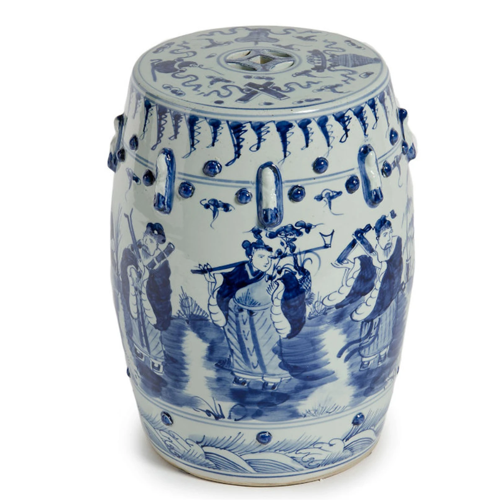 Vintage Mid Century Blue White Porcelain Chinese Oriental Drum Garden