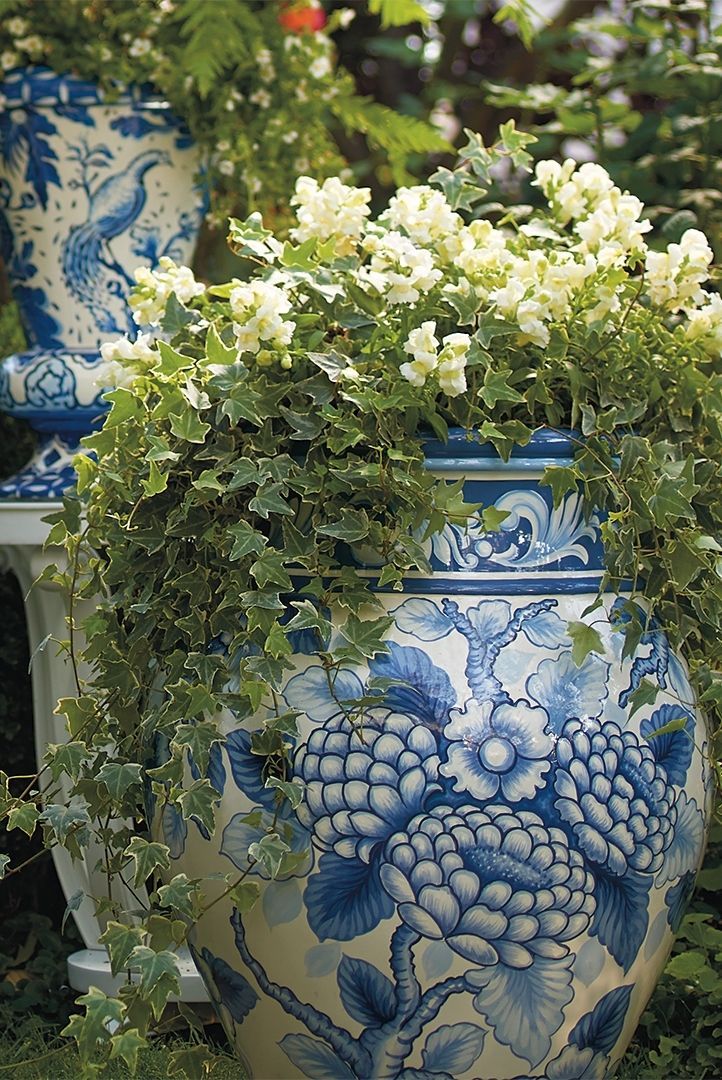 Blue And White Outdoor Summer Urn Patio Planters