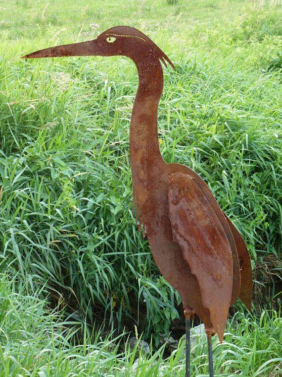 Copper Patina Garden Heron Pair Metal Statues Bird Art Sculptures Crane