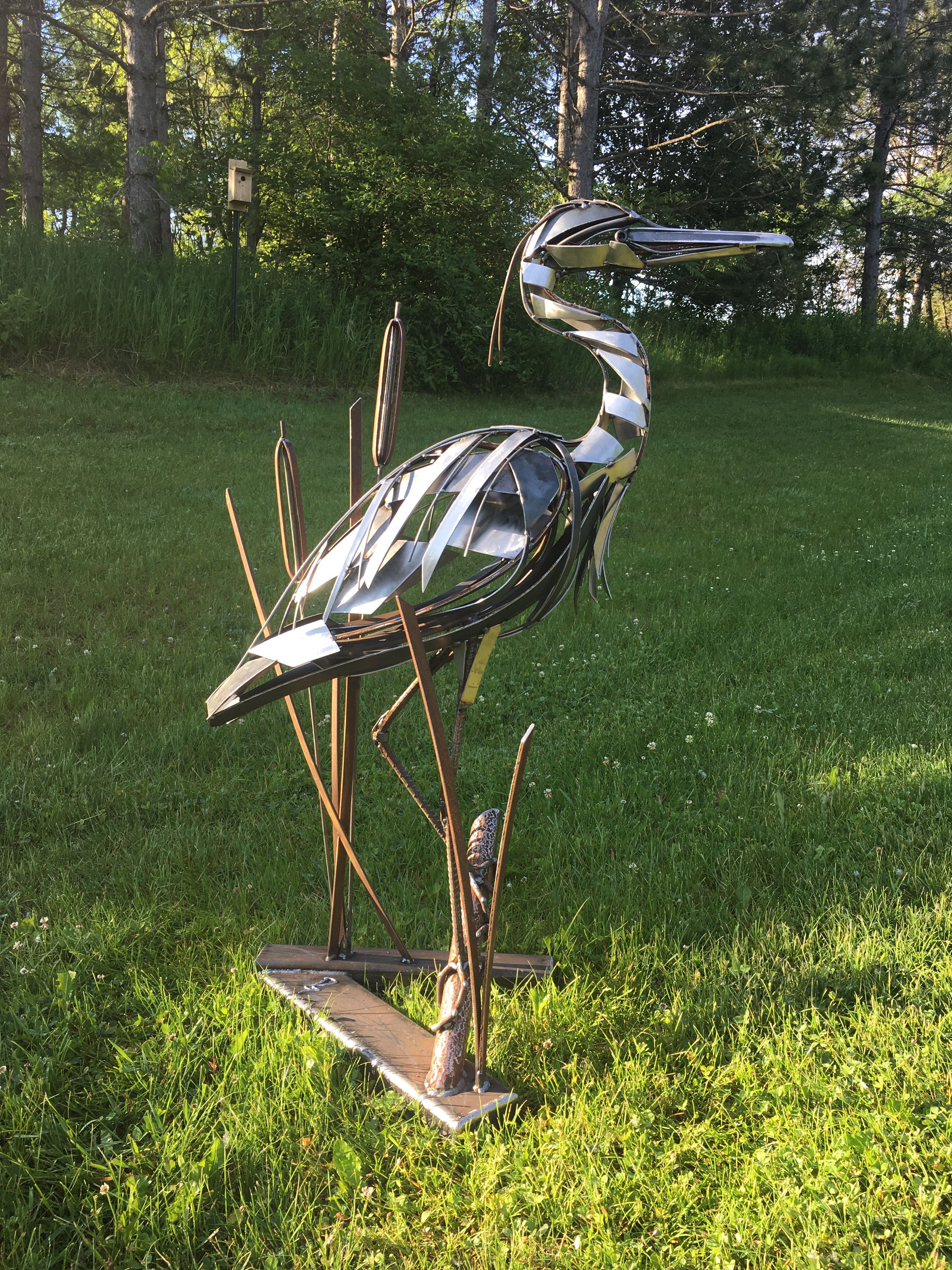 Metal Heron Garden Ornament Sculpture Art Handmade Recycled