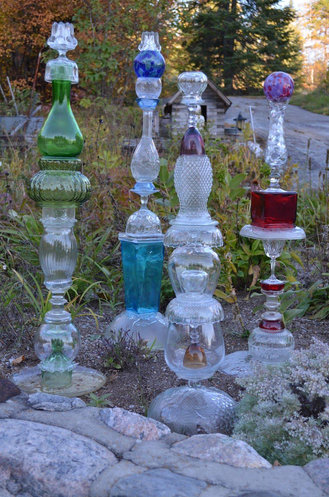 Whimsical Hand Painted Glass Garden Totem