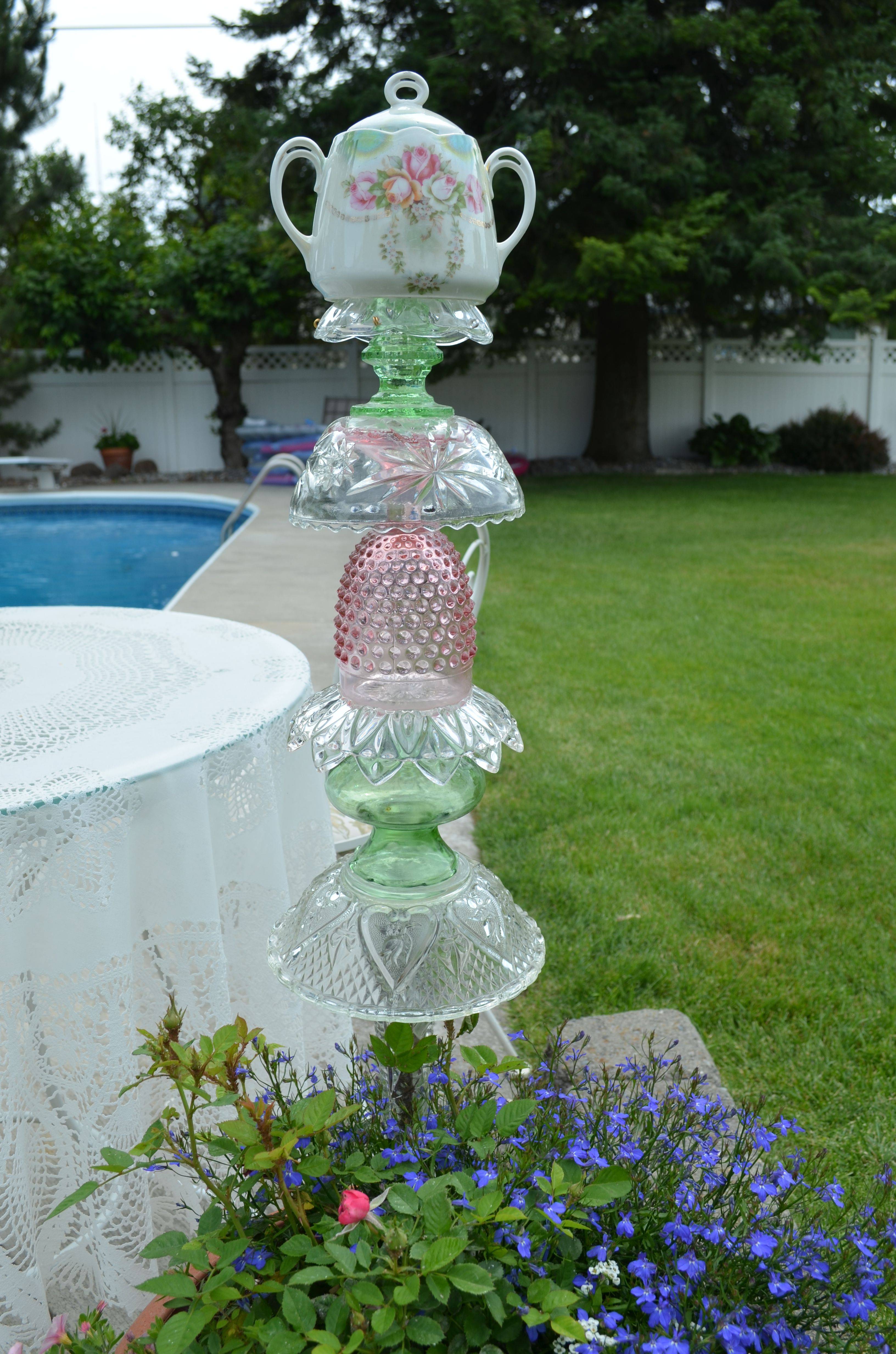 Whimsical Hand Painted Glass Garden Totem