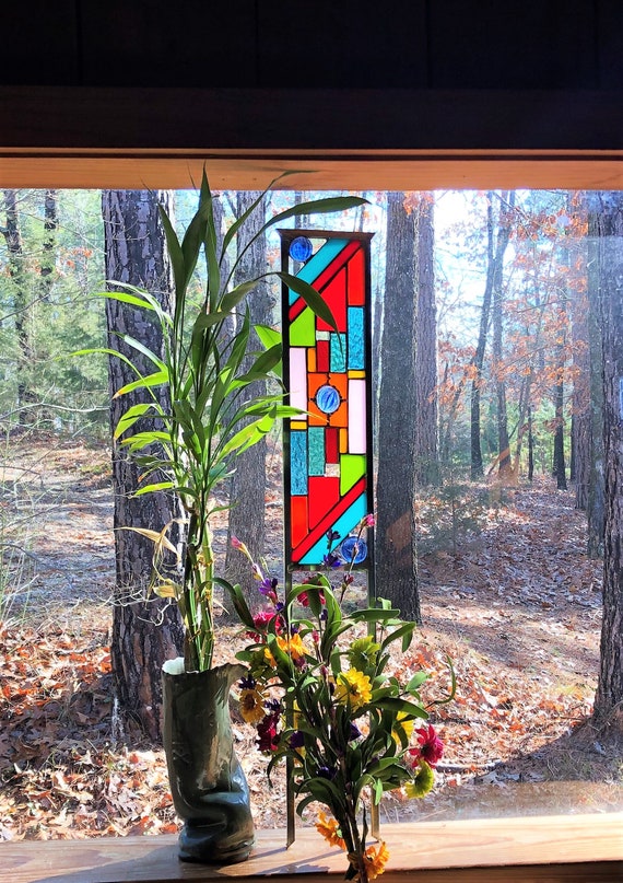 Showy Stained Glass Garden Ornament Stained Glass Panel Garden Art Gift