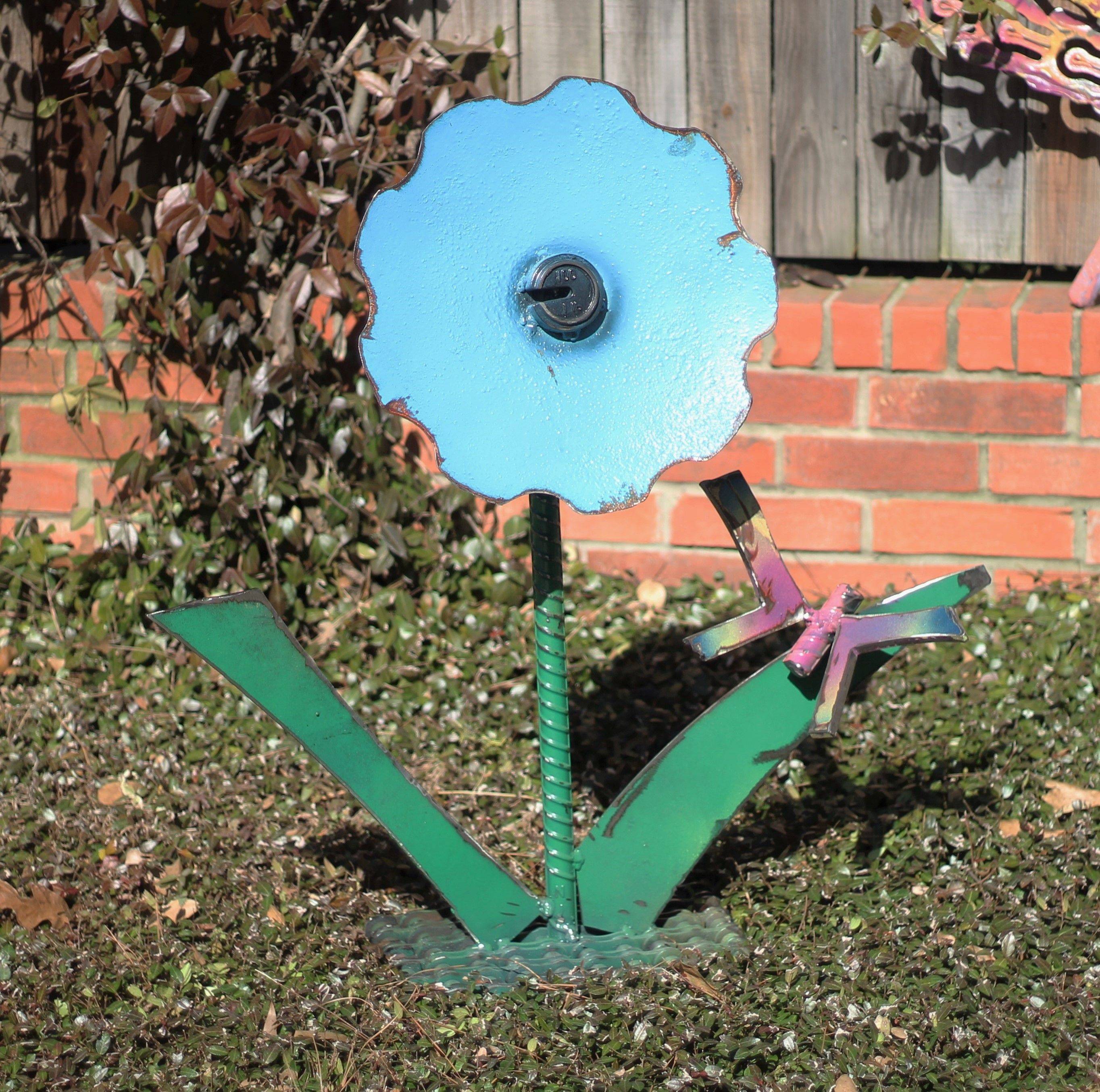 Whimsical Red Metal Flower Outdoor Sculptures Art