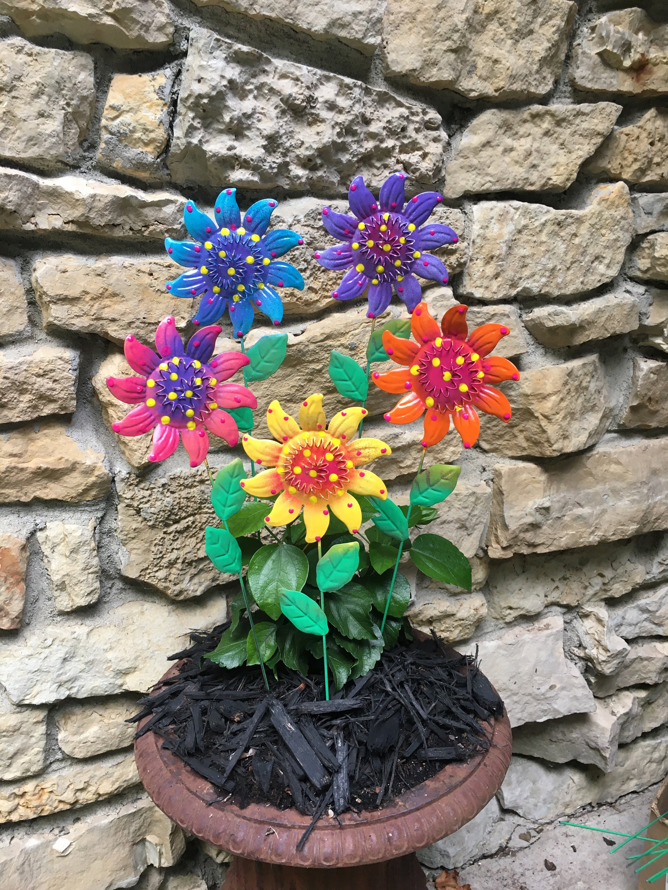 Red Zinnias Metal Garden Stakes