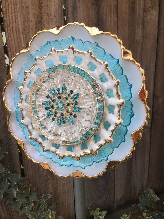 Plate Flower Vintage Glass Garden Decor Yard Art
