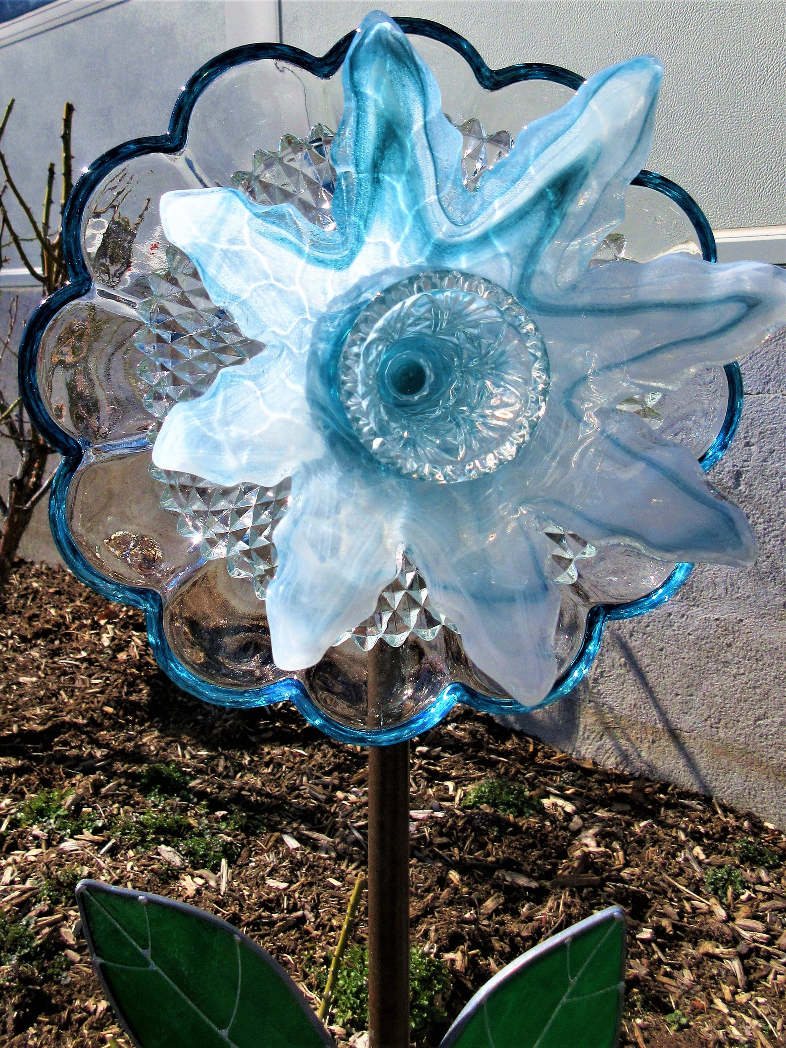 Repurposed Plate Flower Glass Garden Art Glass Flower Yard Etsy