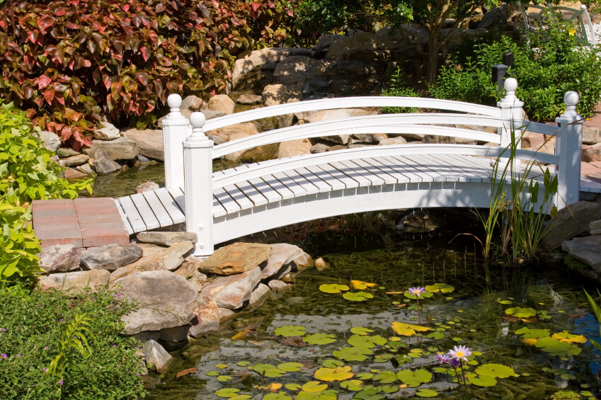 Wooden Garden Bridge Over Small Water Stream Photo Remodeling