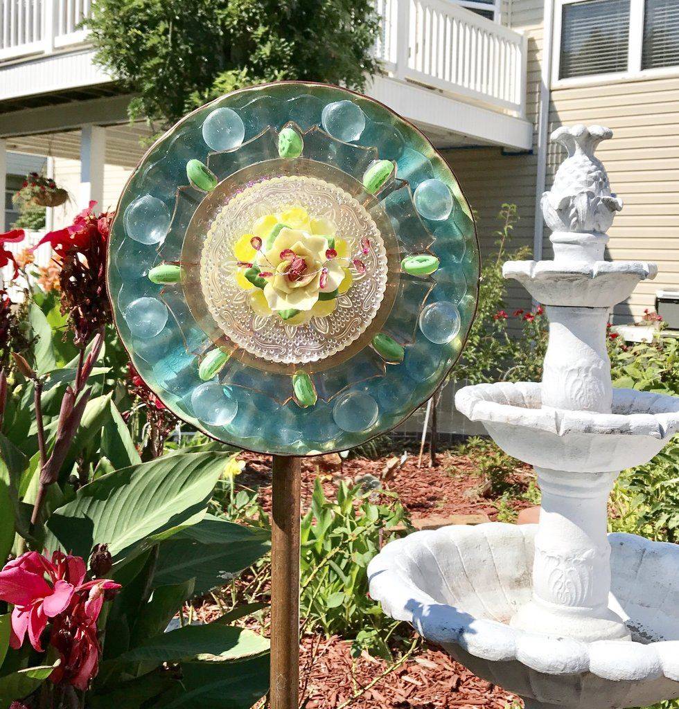 Vintage Repurposed Garden Ceramic And Glass Bottle Art
