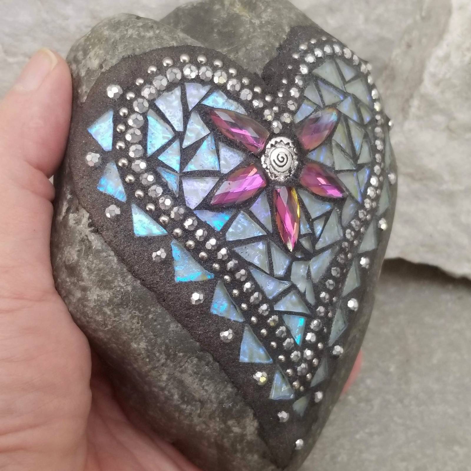 Iridescent Mosaic Heart Garden Stone