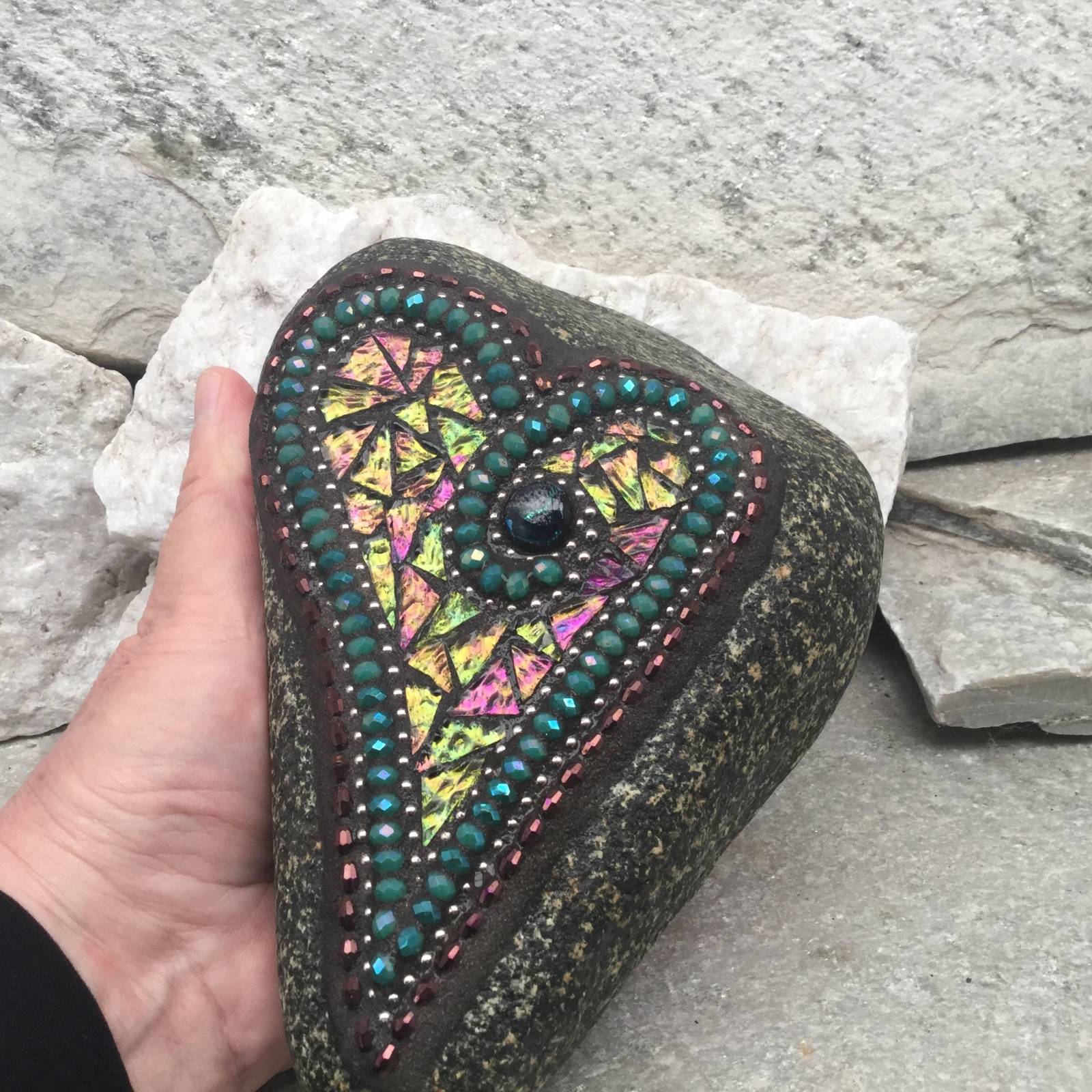Iridescent Mosaic Heart Garden Stone