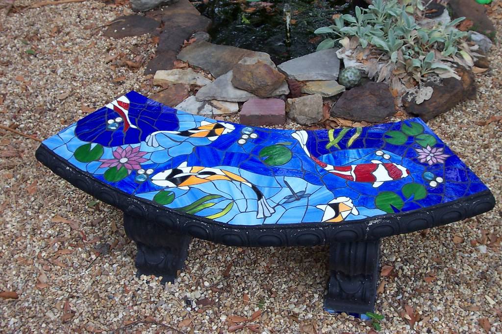 Stained Glass Mosaic Cement Garden Bench