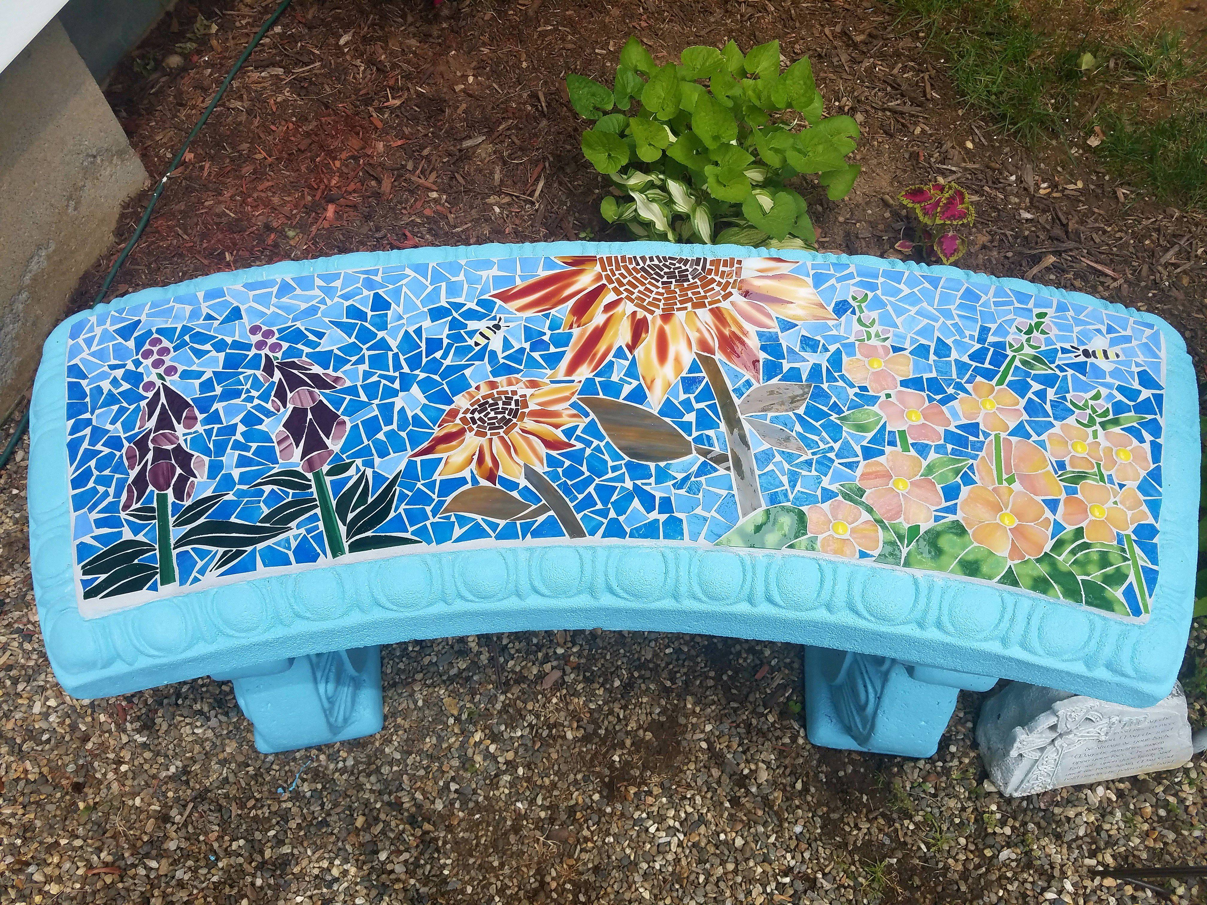 Stained Glass Mosaic Cement Garden Bench