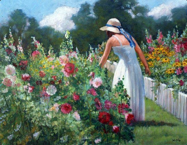 Vintage Oil Painting Girl And Flower Garden