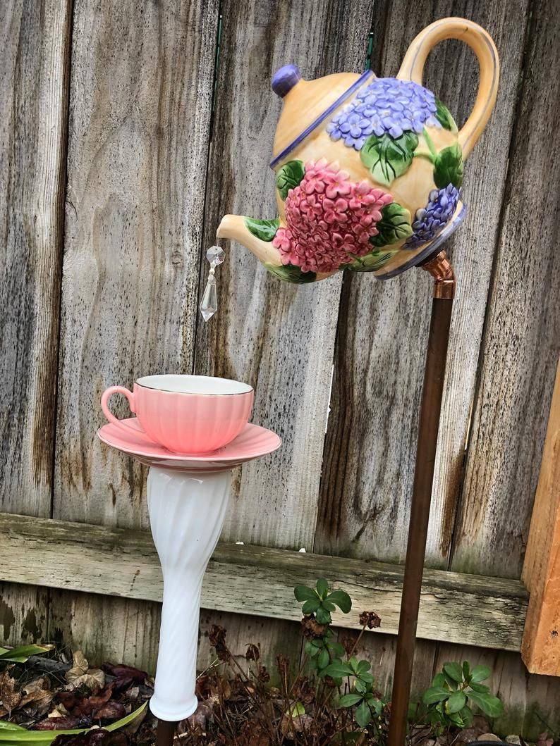 Tea Cup Garden Decor Vintage Glass Yard Art