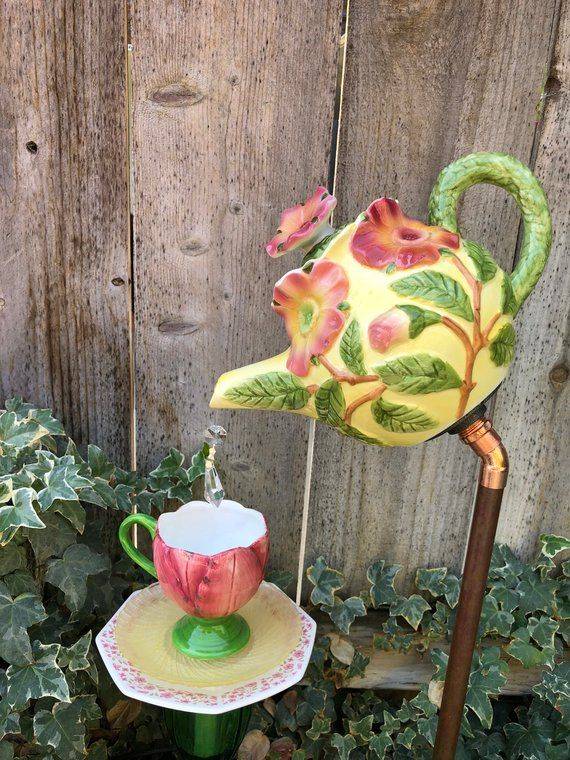 Tea Cup Garden Decor Yard Art Purple
