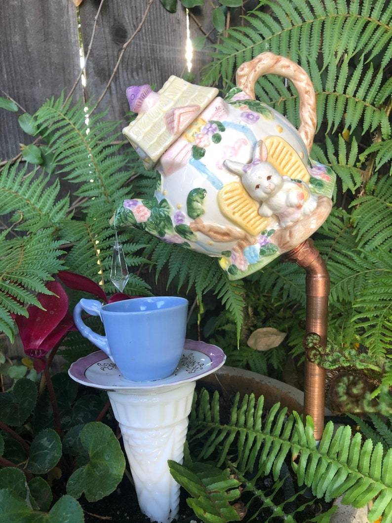 Tea Cup Garden Decor Yard Art Purple