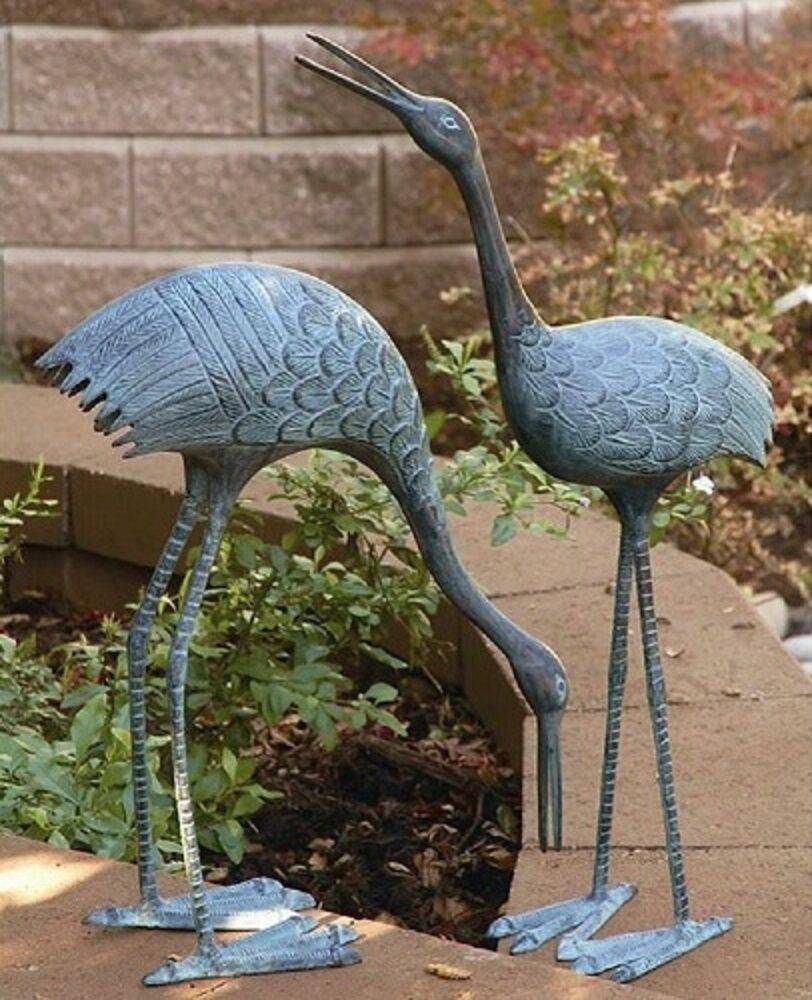 Antique Silver Garden Crane Metal Coastal Statue Bird Pair Sculptures