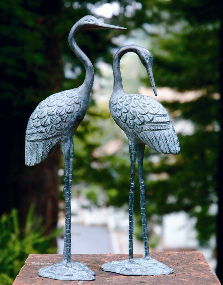 Antique Silver Garden Crane Metal Coastal Statue Bird Pair Sculptures