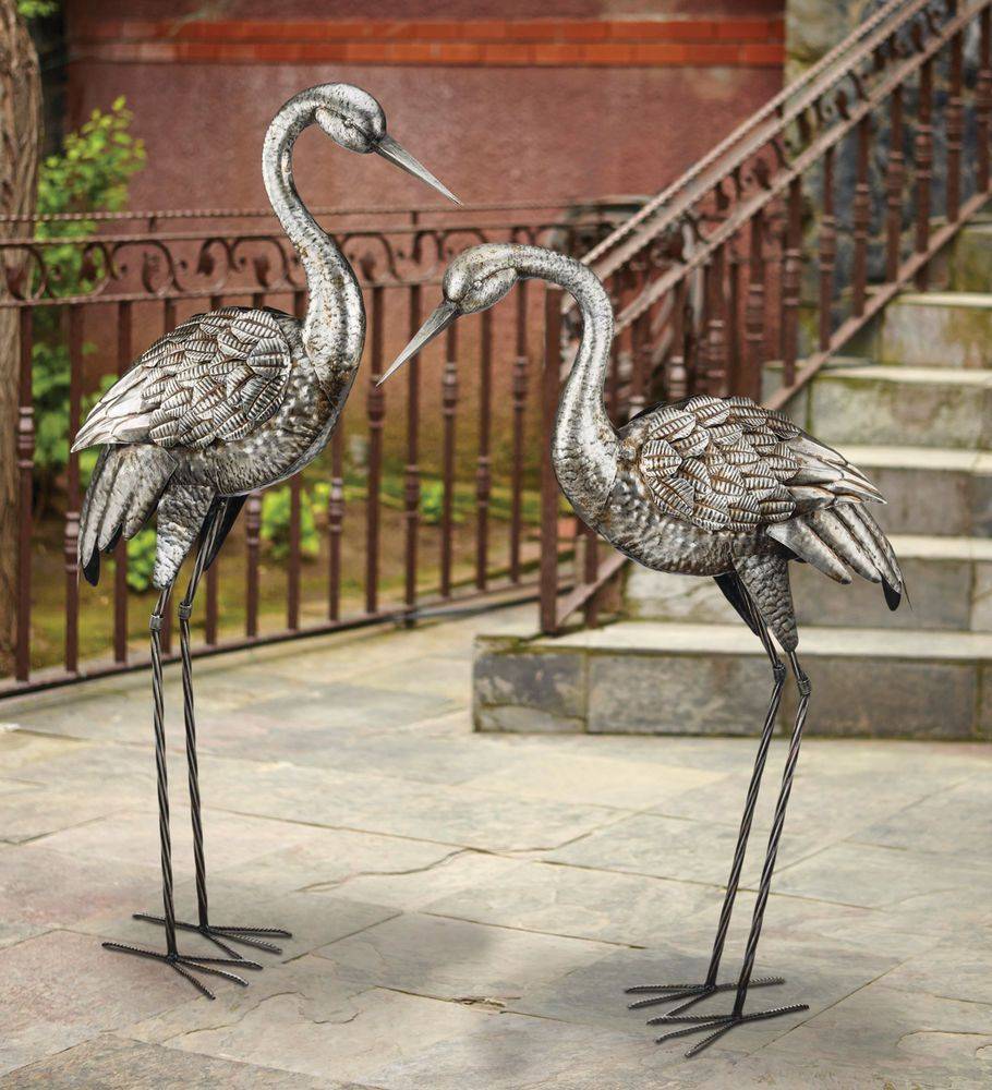 Bronze Heron Pair Coastal Metal Garden Statue Crane Bird Yard Art