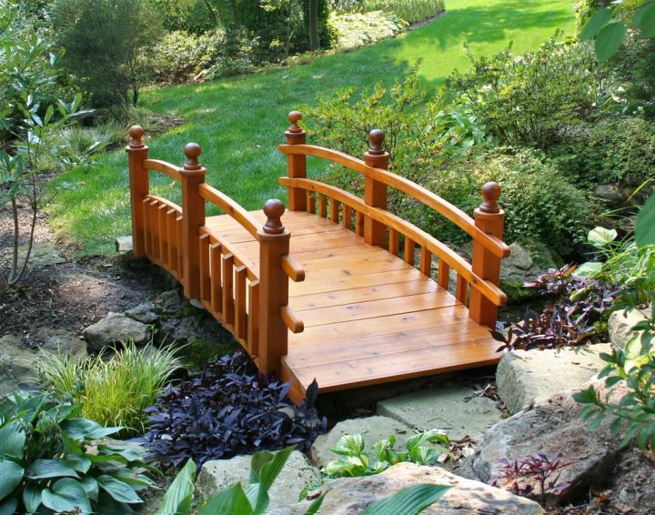 Wooden Garden Bridge Over Small Water Stream Photo Remodeling