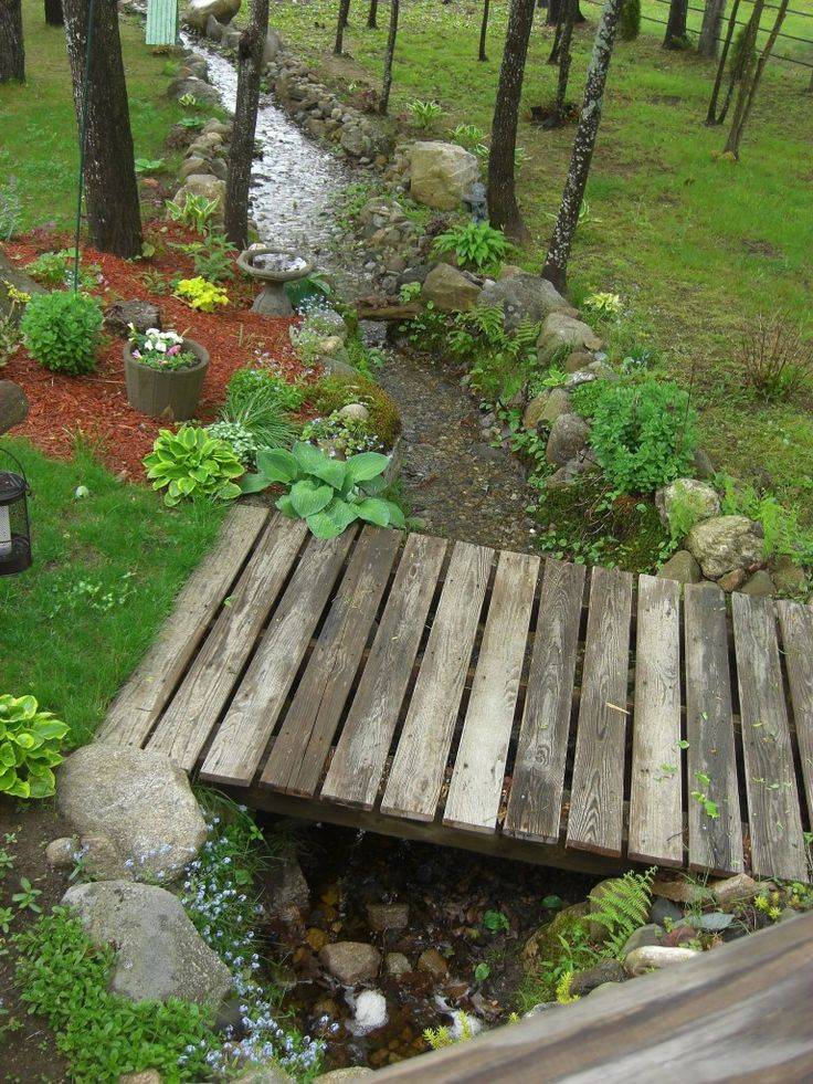 Wooden Garden Bridge Over Small Water Stream Photo Remodeling