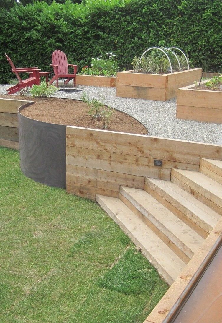 Pressure Treated Retaining Wall With Horizontal Redwood Facing