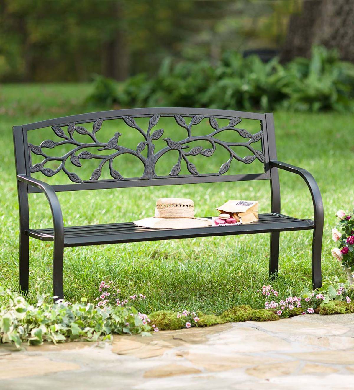 Black Outdoor Steel Park Bench Cast Iron Scrollwork Backrest Garden