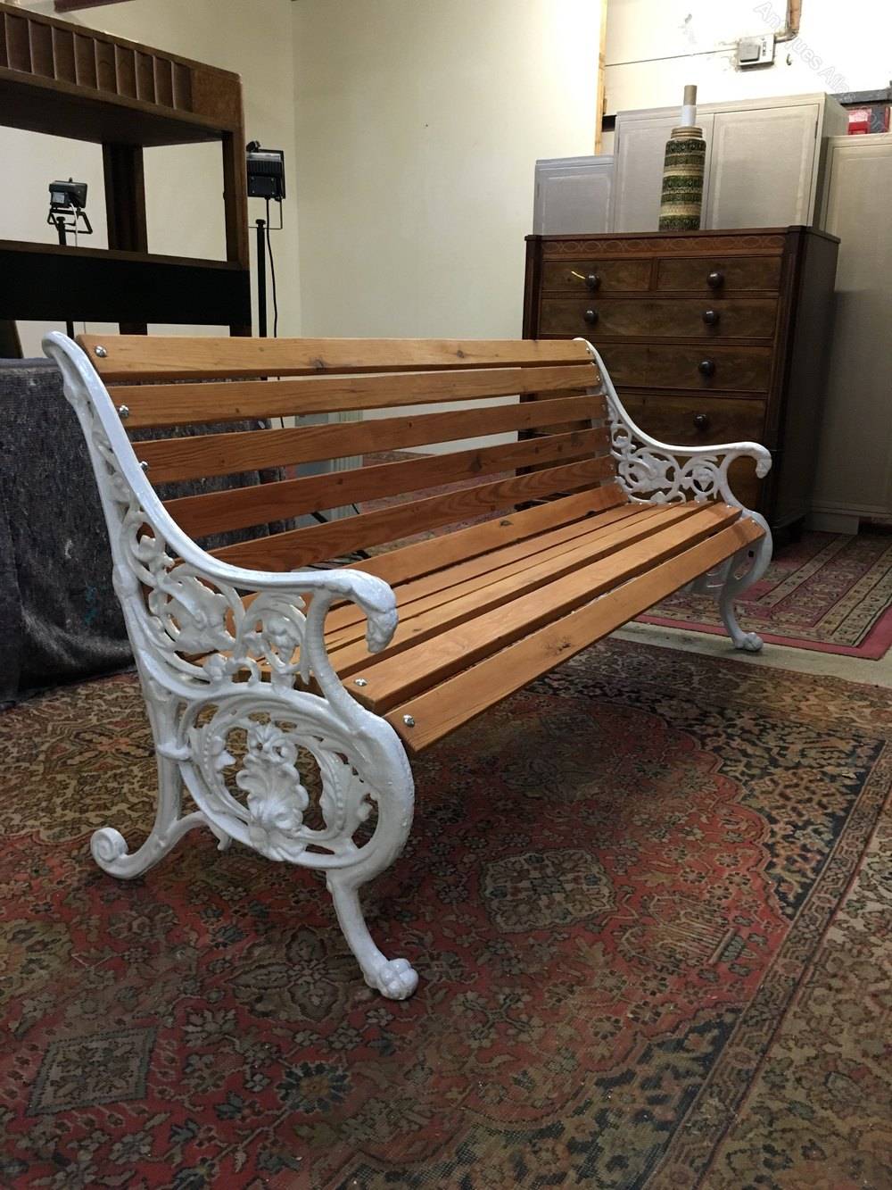 Antiqued Cream Metal Garden Bench Melody Maison