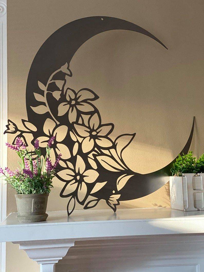 Crescent Moon Garden Stakes Arte De La Pared De Metal Etsy