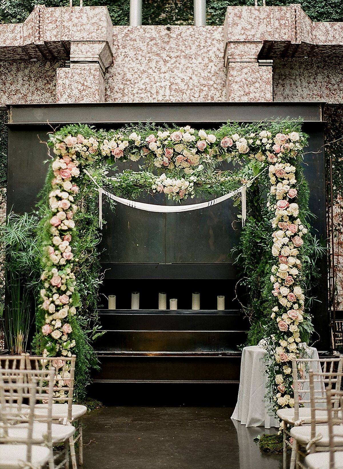 Greenery Rose Hydrangea Pink Flower Arch Wedding Ceremony Lanterns At