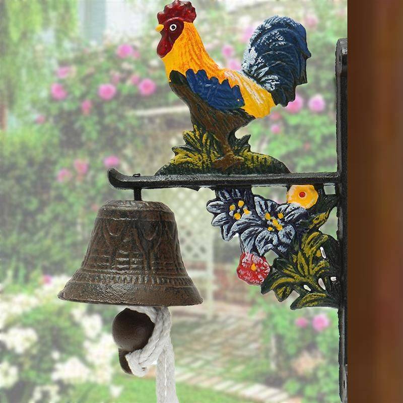 Vintage Antique Wall Mounted Cast Iron Rooster Door Wall Bell Chime