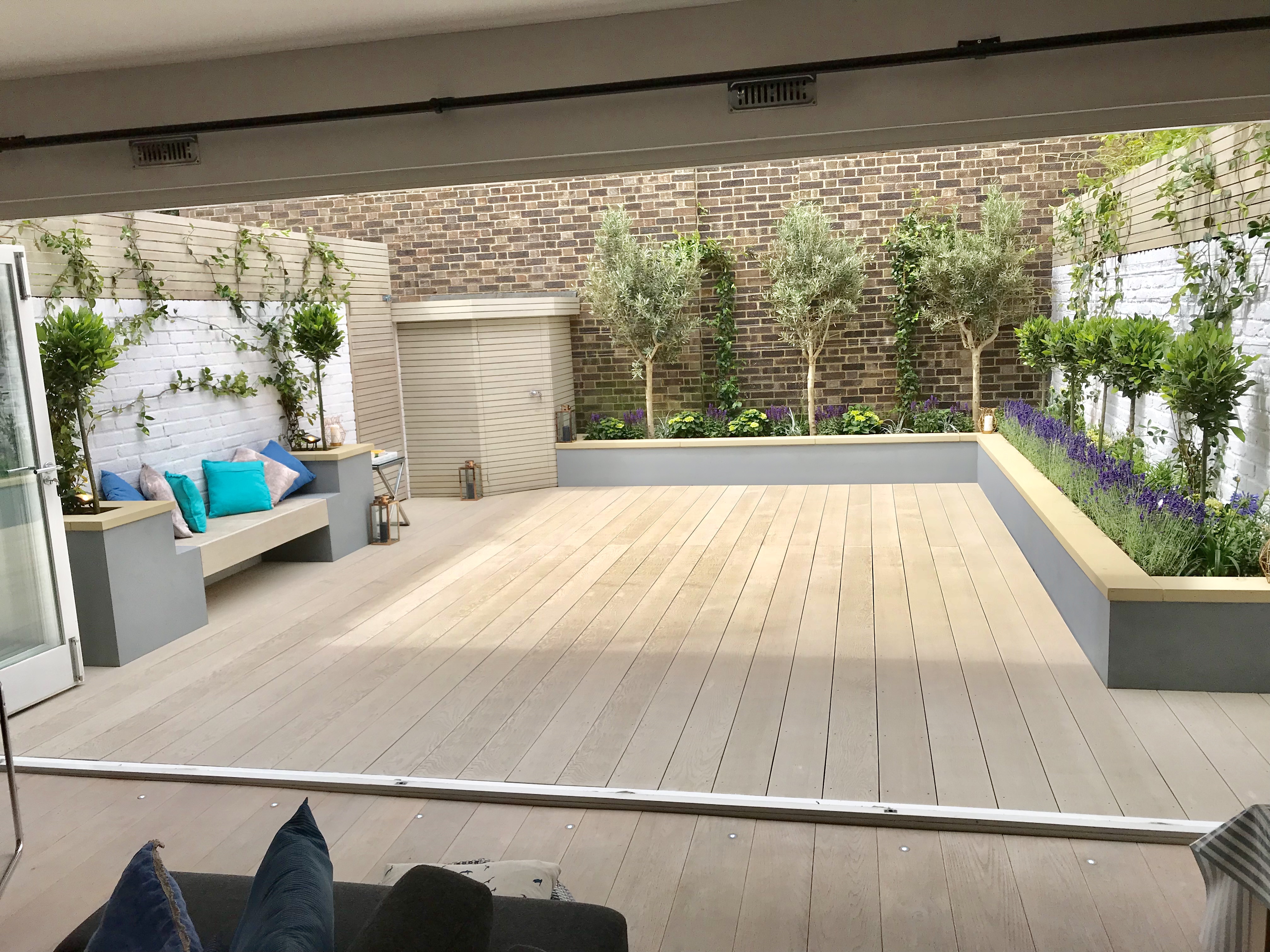 Modern Garden Design Artificial Grass Raised Beds Hardwood Decking