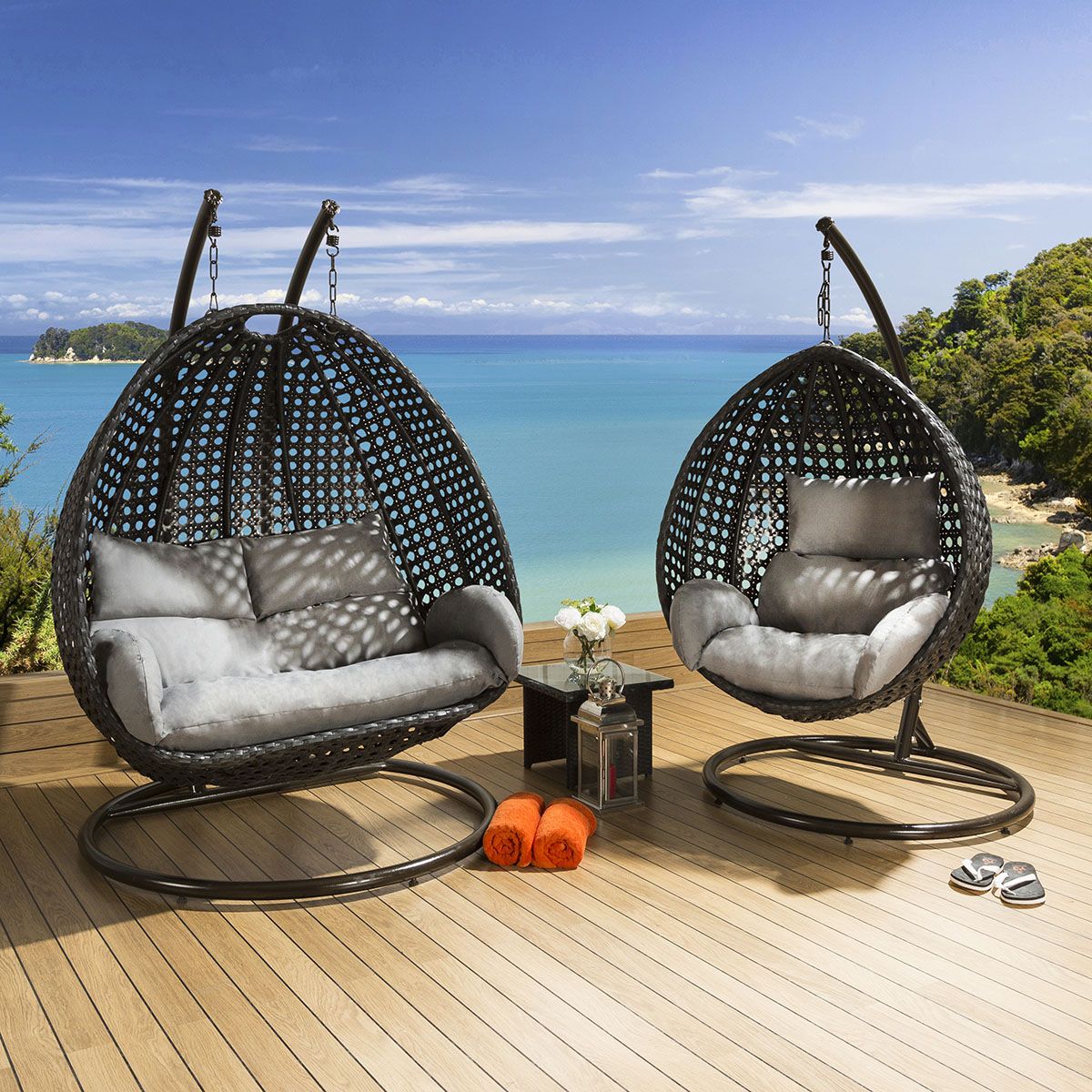 Outdoor Garden Single And Double Hanging Pod Chair Set Brown Beige