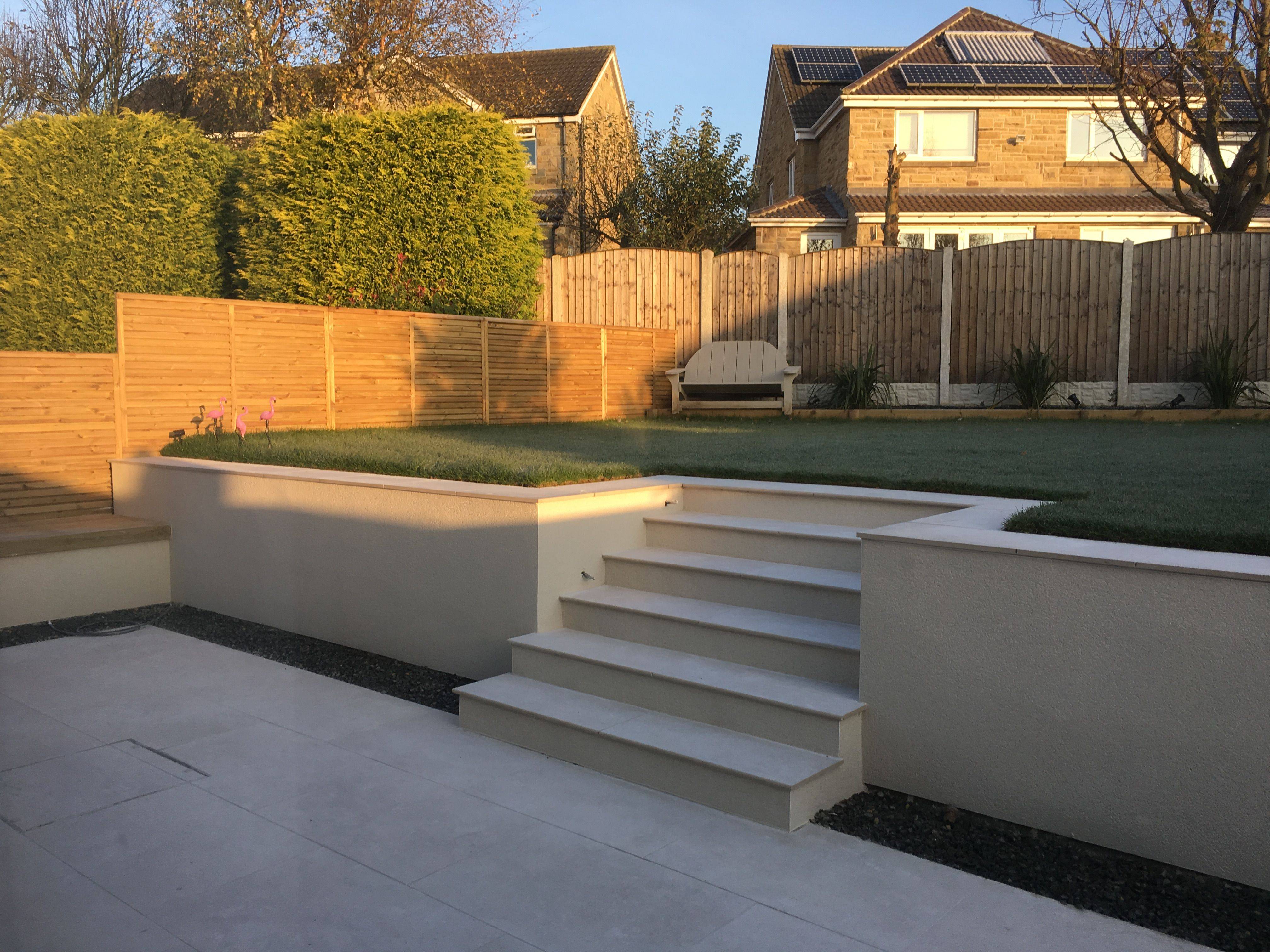 Split Level Garden Rendered Walls Cream Porcelain Patio