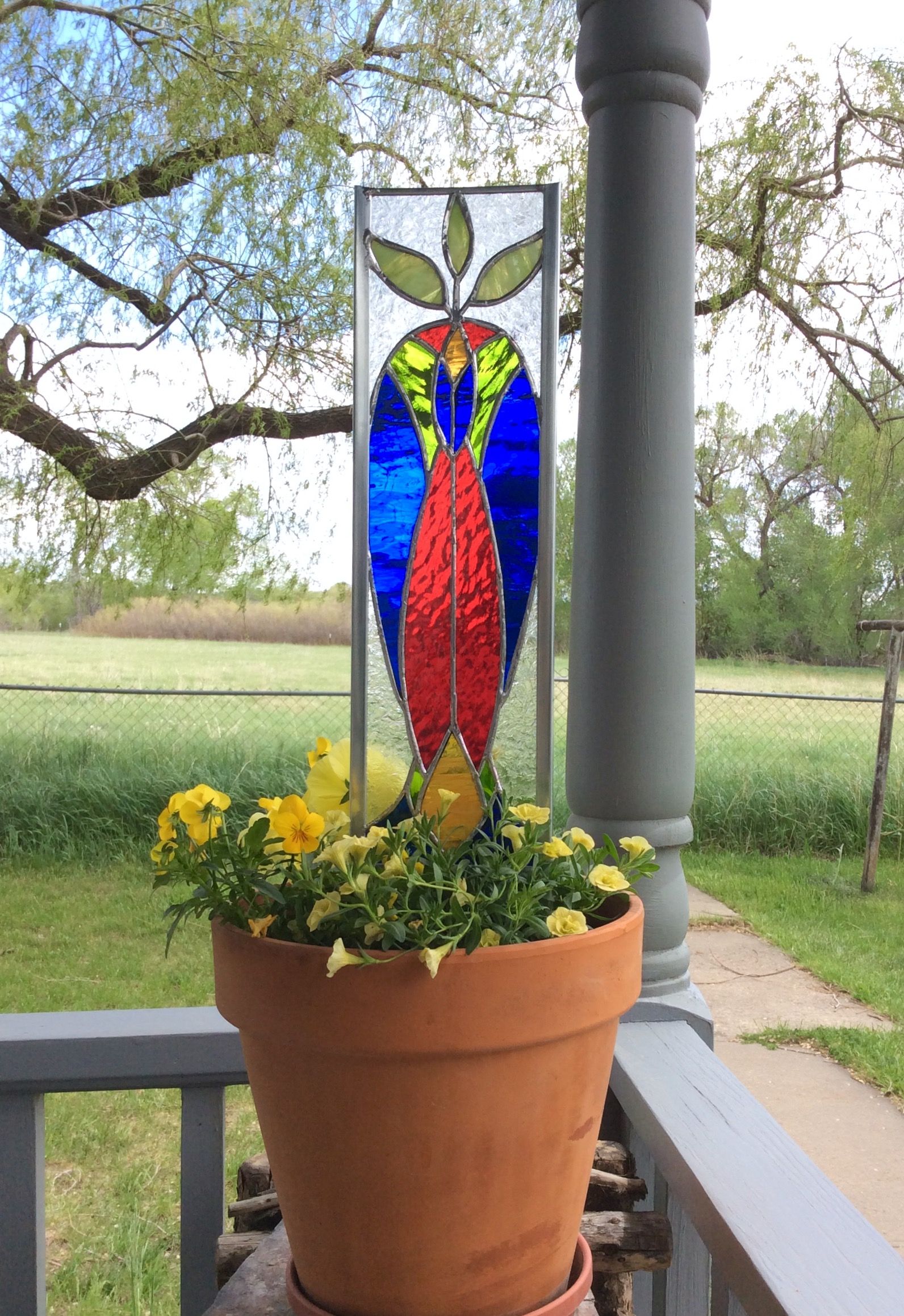 Stained Glass Garden Stake Mountain Stream Yard Art Garden Panel Blue
