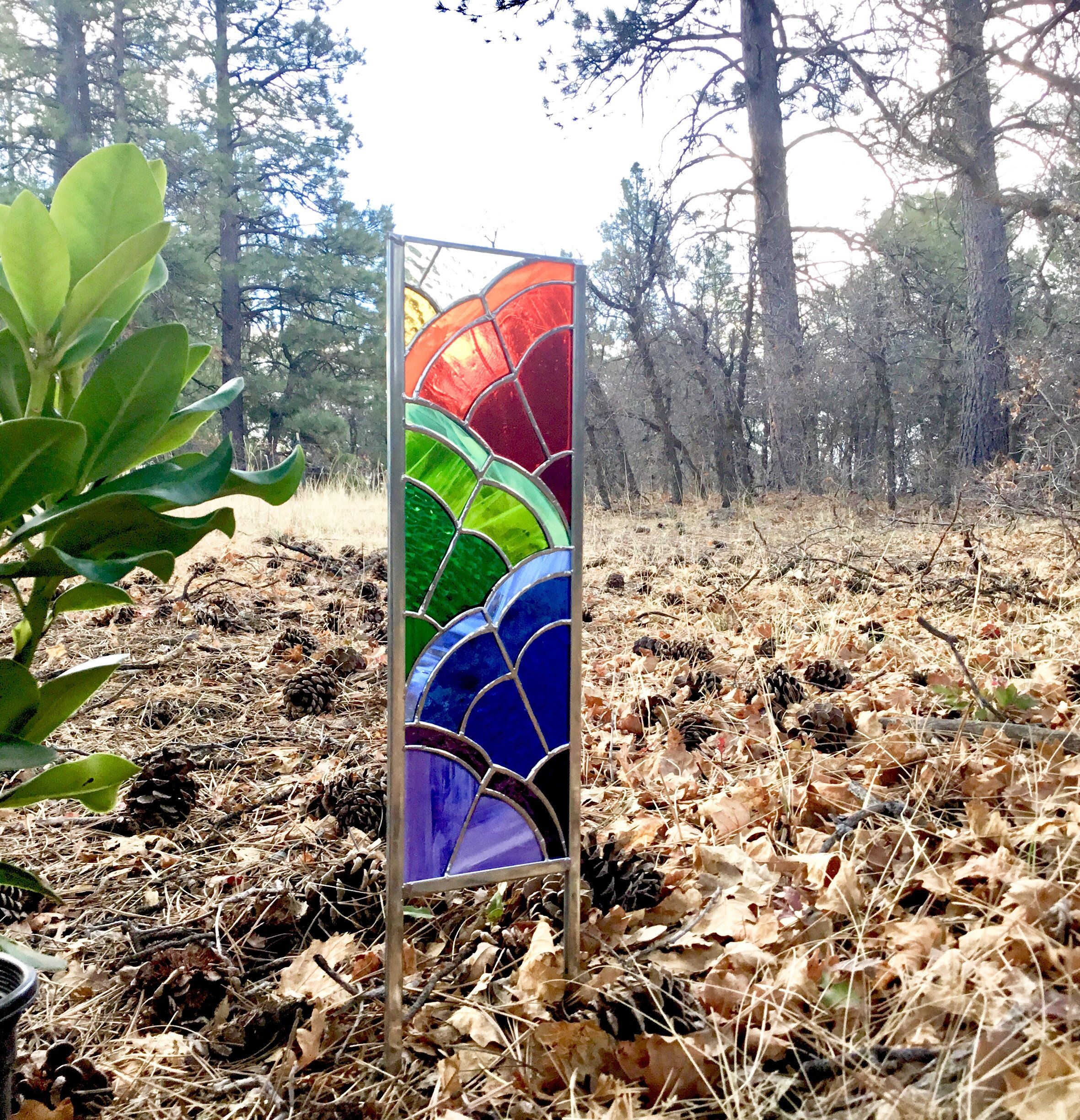 Two Rainbow Stained Glass Garden Stakes