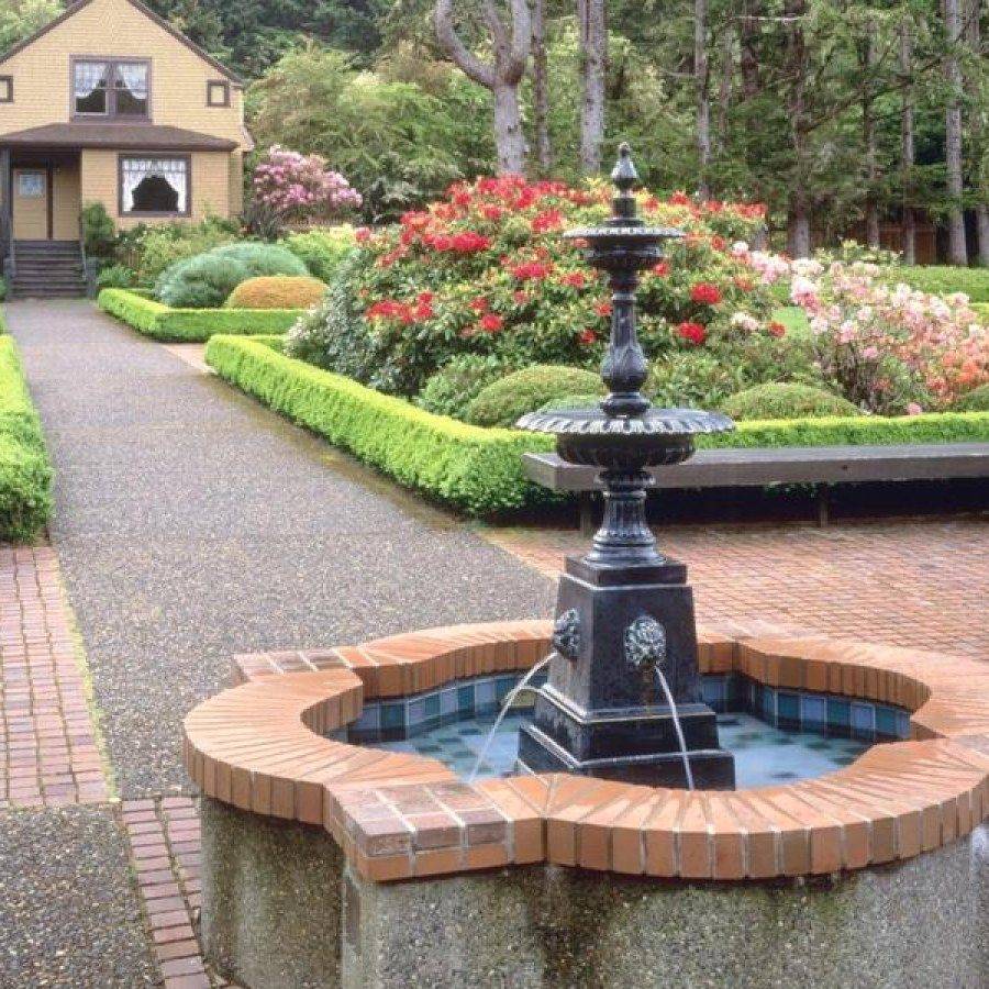 Fountain And Brick Path Formal Garden Design