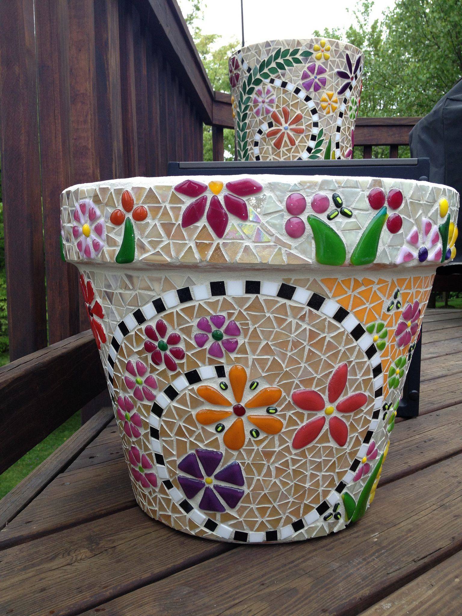 Big Gorgeous Mosaic Denim Daisy Flower Pots