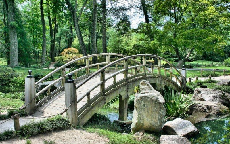 Wooden Garden Bridge Over Small Water Stream Photo Remodeling